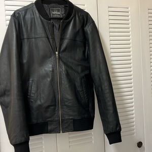 Topman Black Leather Bomber jacket